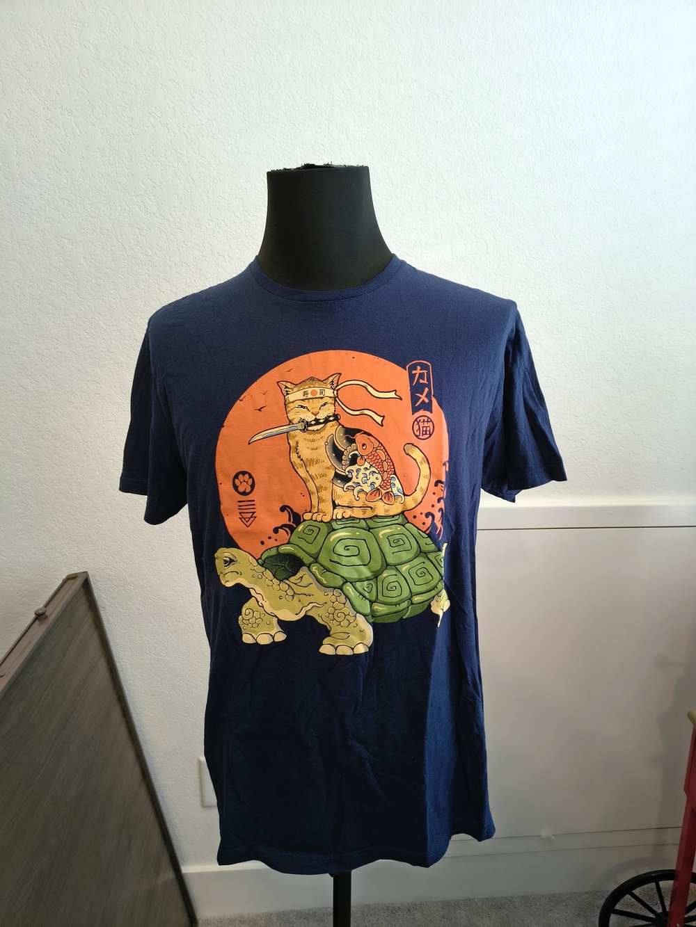 Navy Graphic Cat & Turtle Japanese T-Shirt